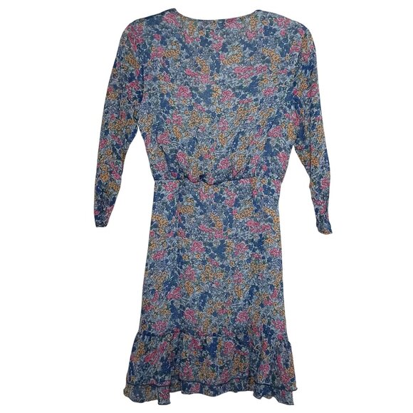 NEW Zara Ruched‎ Floral V-Neck Mini Dress Blue Multi 3/4 Sheer Sleeves Size XS - Picture 5 of 10